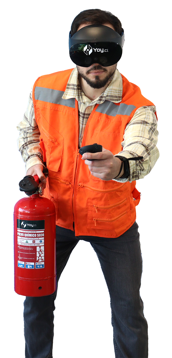 Profesional con equipo de realidad virtual y extintor en entrenamiento Zen Activo